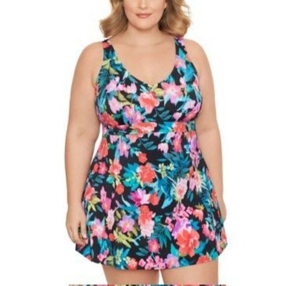 Swim Solutions Women's Black Floral Stretch Allover Slimming Adjustable Deep V N - Picture 1 of 3